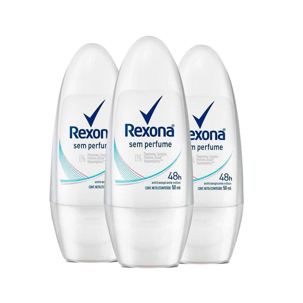 Kit Desodorante Roll On Rexona Sem Perfume 50ml - 3 Unidades