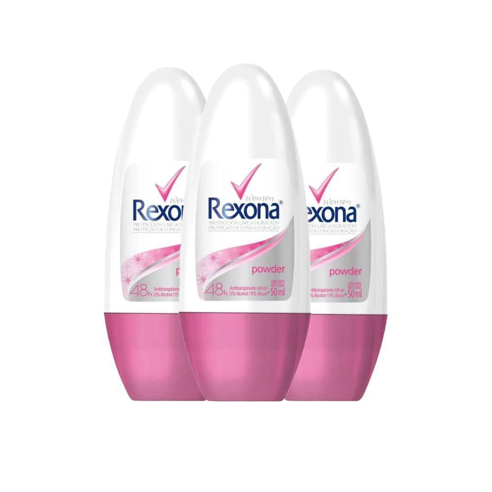 Kit Desodorante Roll On Rexona Powder Dry 50ml - 3 Unidades