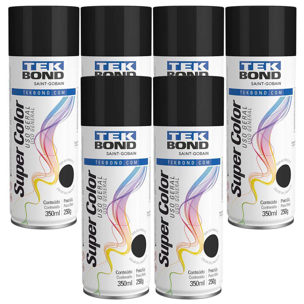Kit 6 Tekspray Tinta Super Color Uso Geral Preto Brilhante 350ml - Tekbond