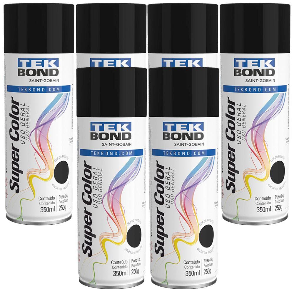 Kit 6 Tekspray Tinta Super Color Uso Geral Preto Fosco 350ml - Tekbond