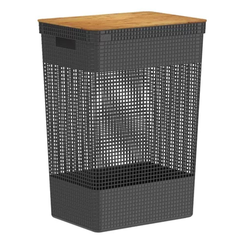 Cesto Roupas Flex Tampa Bambu 49l 60x30x40cm - Preto