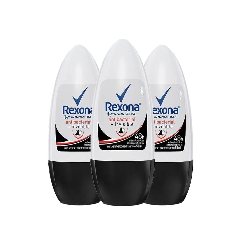 Kit Desodorante Roll On Rexona Feminino Antibacterial Invisible 50ml - 3 Unidades