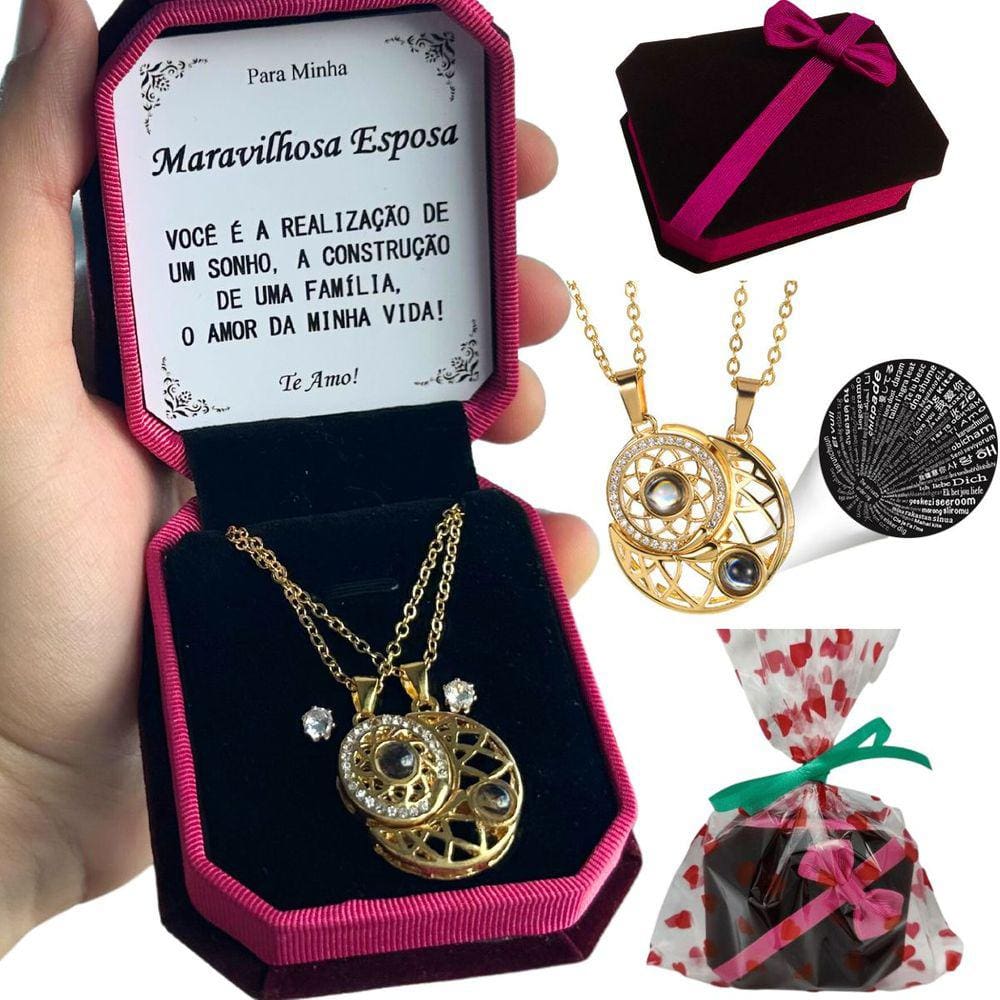 Colar Magnético Eu Te Amo 100 Idiomas Sol e Lua (2 em 1) Presente Aniversário Esposa + Dedicatória + Cx Veludo Exclusiva