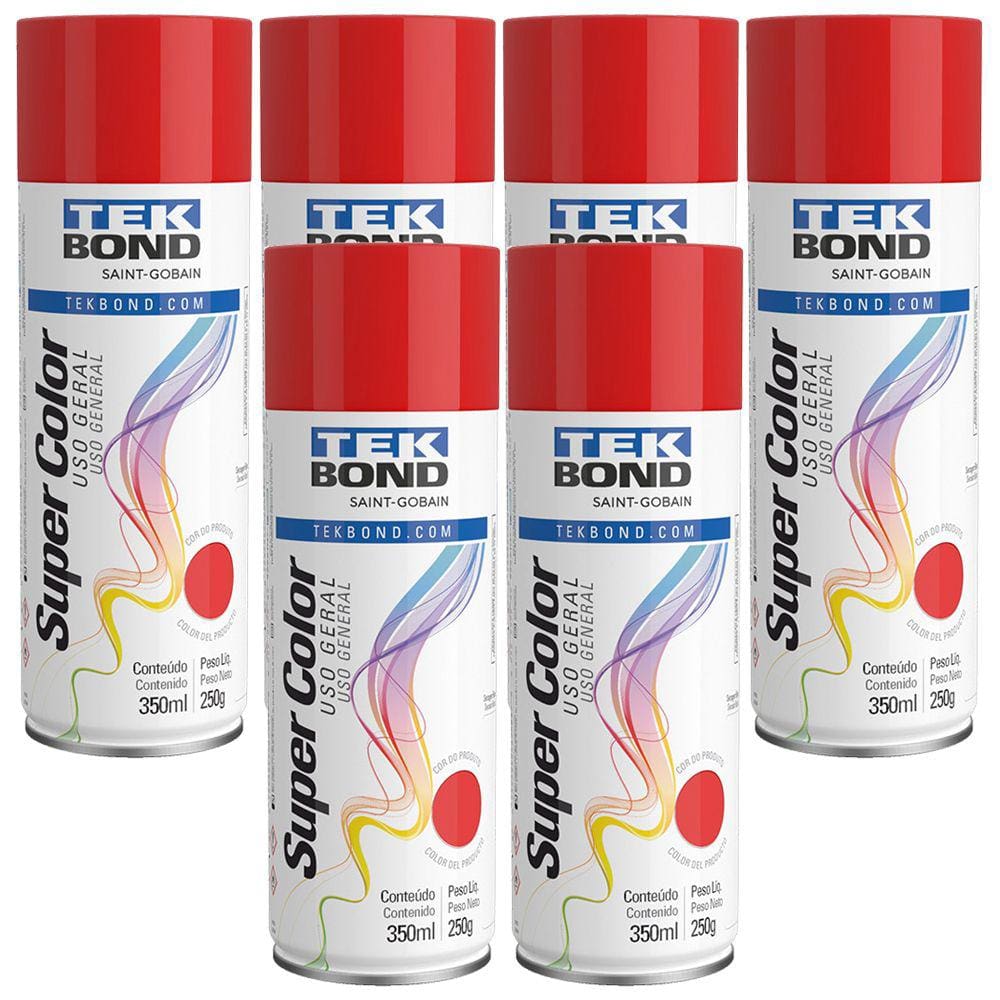 Kit 6 Tekspray Tinta Super Color Uso Geral Vermelho 350ml - Tekbond