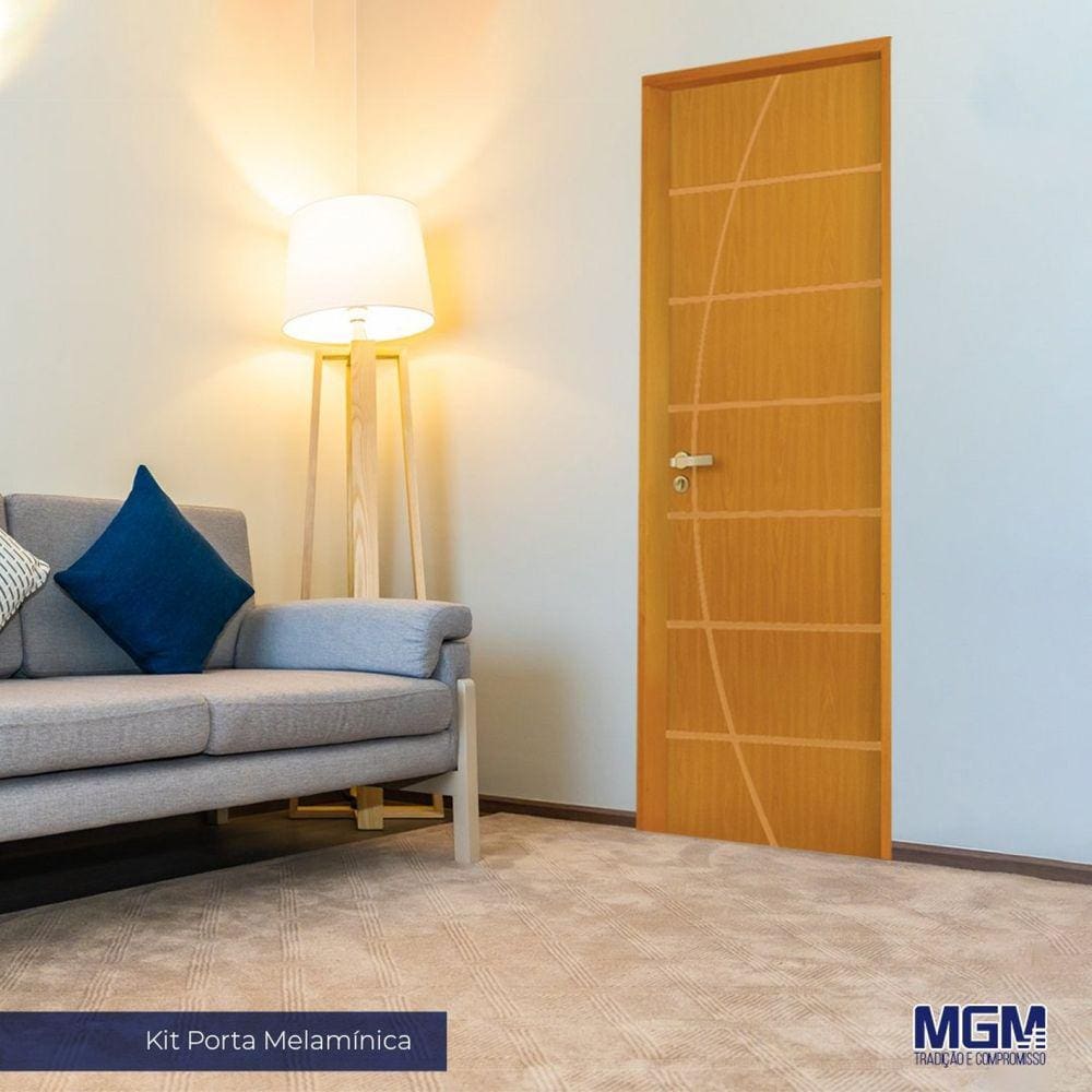 Kit Porta de Madeira Decorada 212x75cm com Batente de Alumínio 3,6cm Neblina MGM Mogno