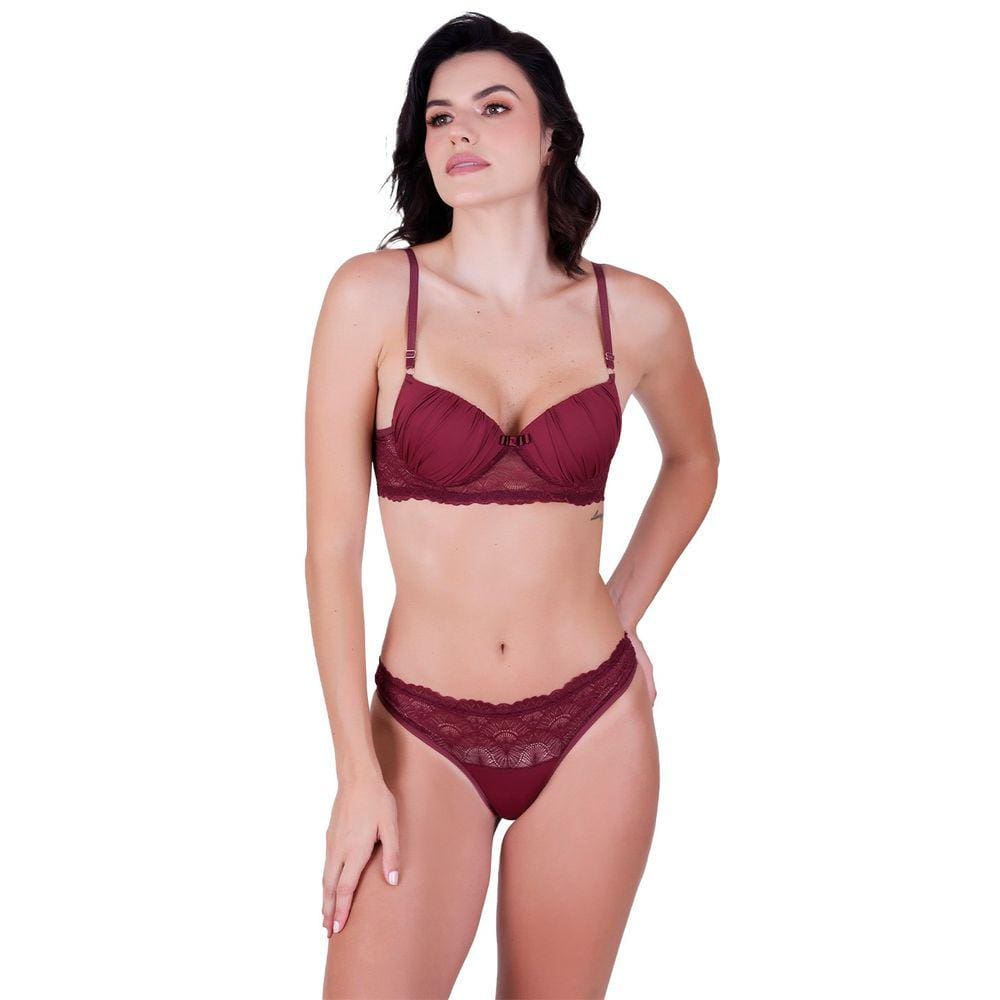 Conjunto fio sensual com bojo e arco em poliamida lisa e renda vinho rubro
