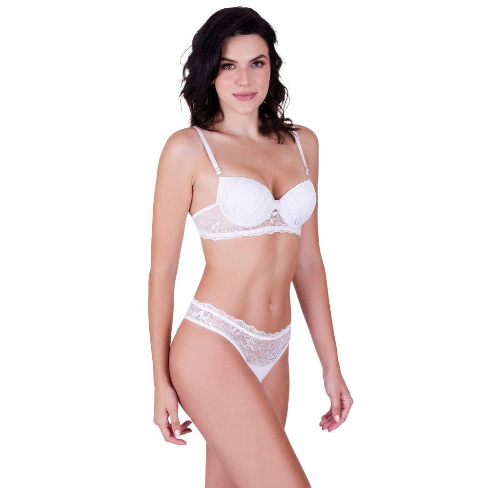 Conjunto fio sensual com bojo e arco em poliamida lisa e renda branco