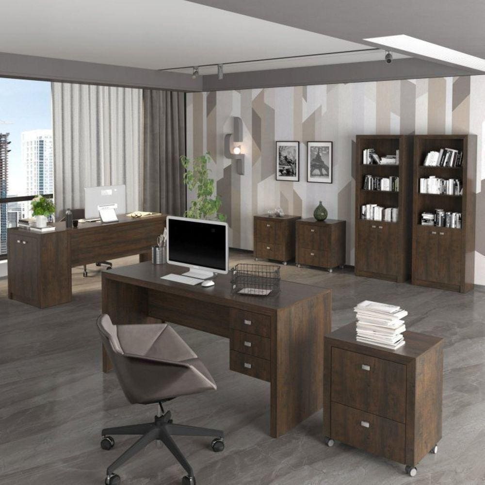 Conjunto Home Office 8 Peças com 2 Mesas, 3 Gaveteiros, 2 Estantes e 1 Balcão Rústico