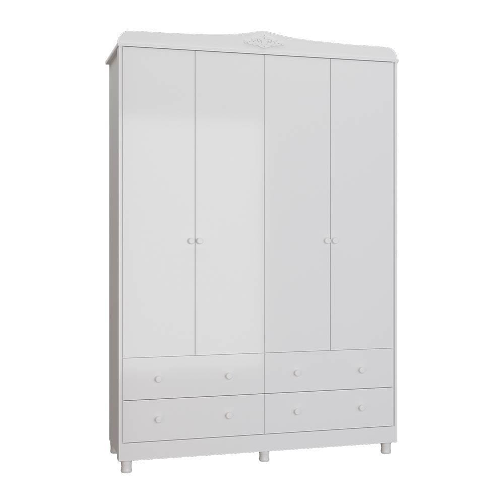 Guarda Roupas de Bebê 4 Portas e 4 Gavetas Elô New Móveis Peroba Branco Brilho