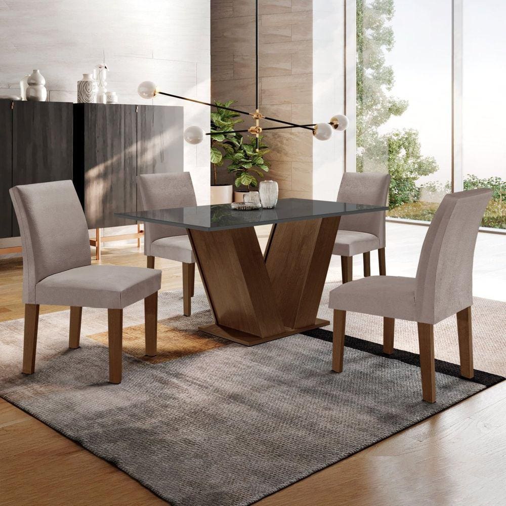 Conjunto Sala de Jantar Mesa 120x80cm Tampo MDF/Vidro com 4 Cadeiras Espanha Yescasa Chocolate/Grafite/Suede Marrom Claro