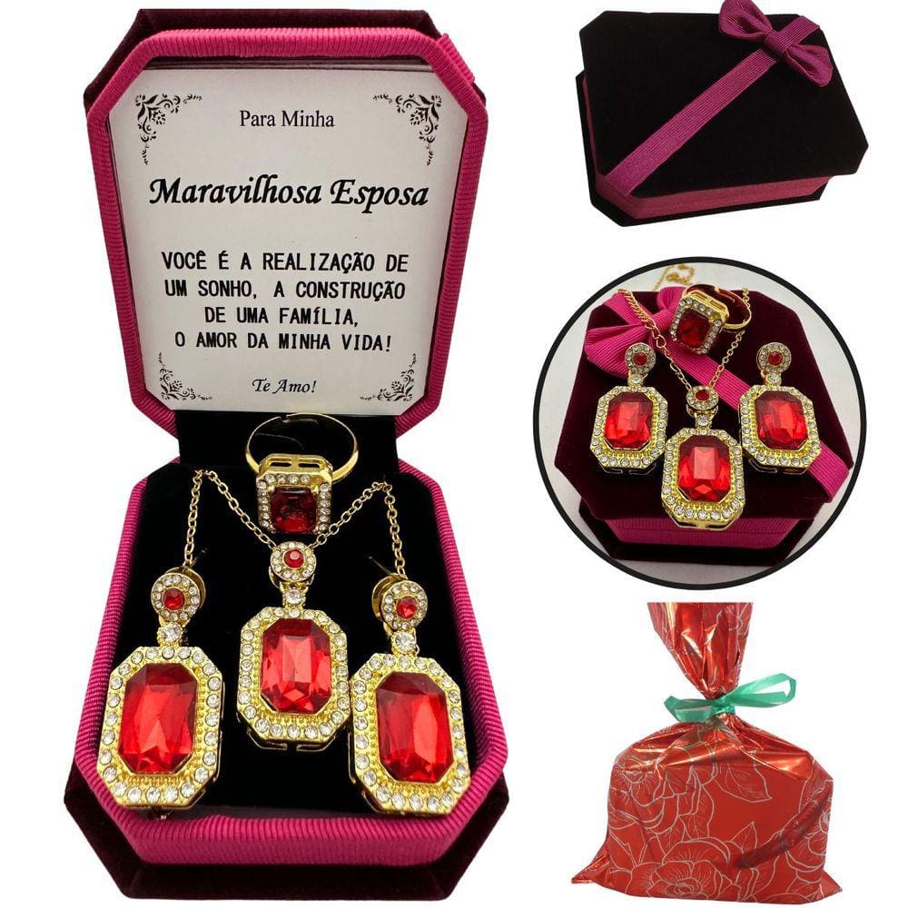Colar Presente Aniversário Esposa Conjunto Brincos Pingente Anel + Caixinha Veludo Luxo Exclusiva + Dedicatória