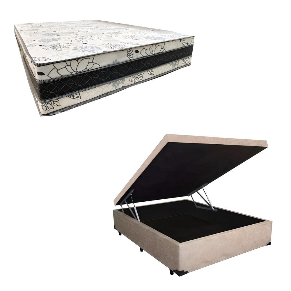 Cama Base Box Baú Casal Super Confort Suede Bege + Colchão Casal Super Confort D33  28x138x188