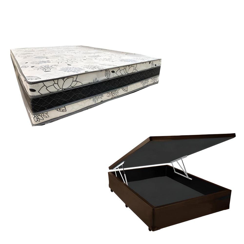 Cama Base Box Baú Casal Super Confort Sintético Marrom + Colchão Casal Super Confort D33  28x138x188