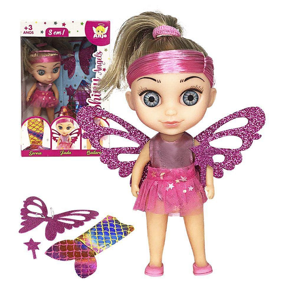 Boneca Shiny Angels 3 em 1 Sereia Fada e Bailarina Brinquedo Infantil