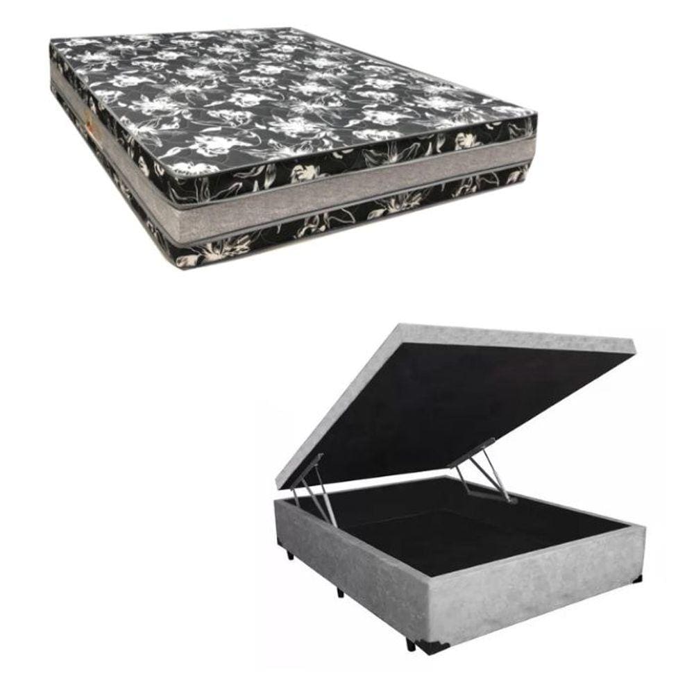 Cama Base Box Baú Casal Super Black Suede Cinza + Colchão Casal Super Black D33 28x138x188