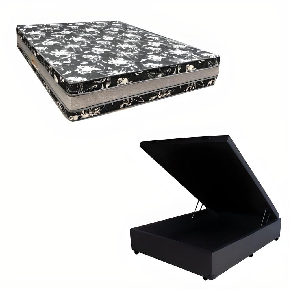 Cama Base Box Baú Casal Super Black Sintético Preto + Colchão Casal Super Black D33  28x138x188