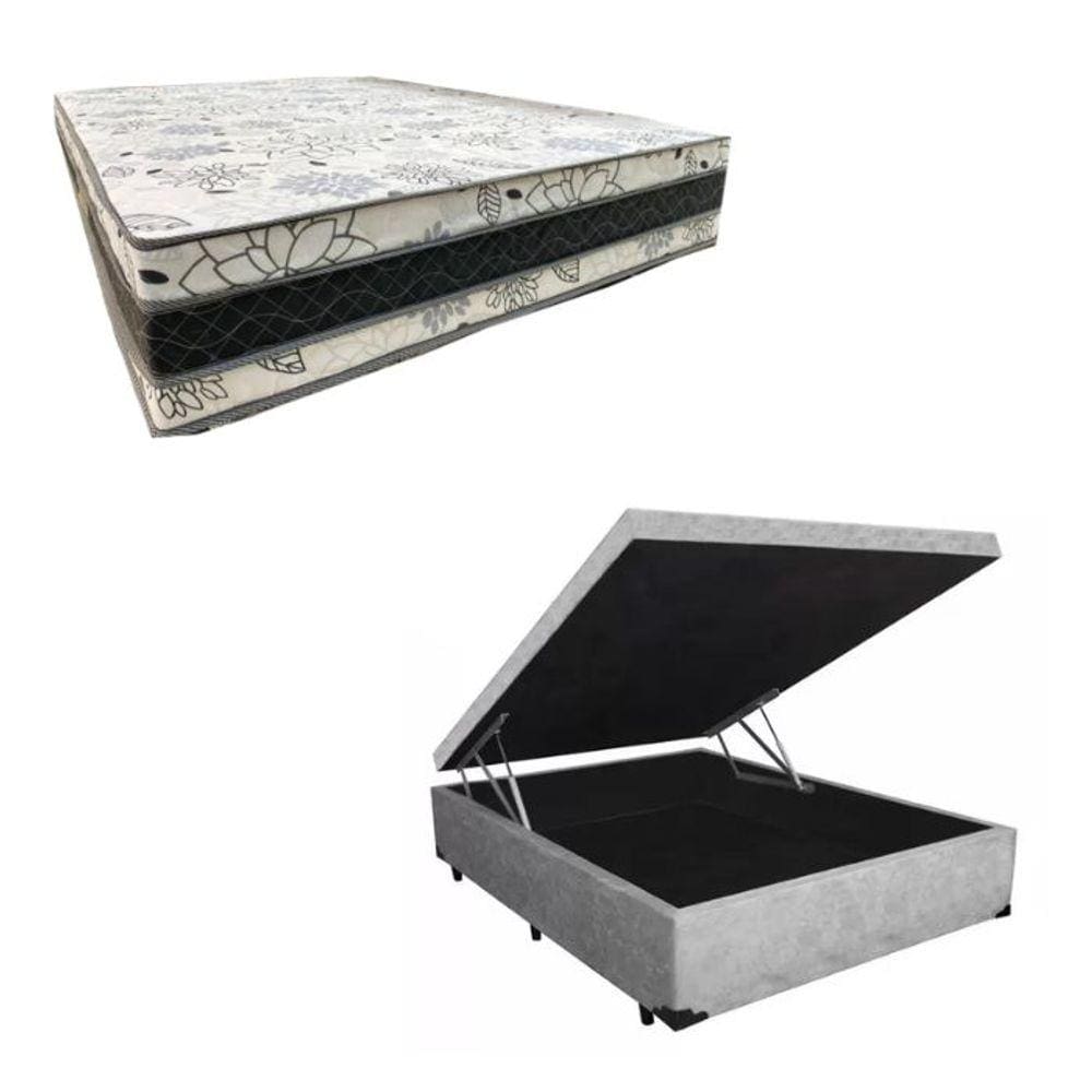 Cama Base Box Baú Casal Super Confort Suede Cinza + Colchão Casal Super Confort D33 28x138x188
