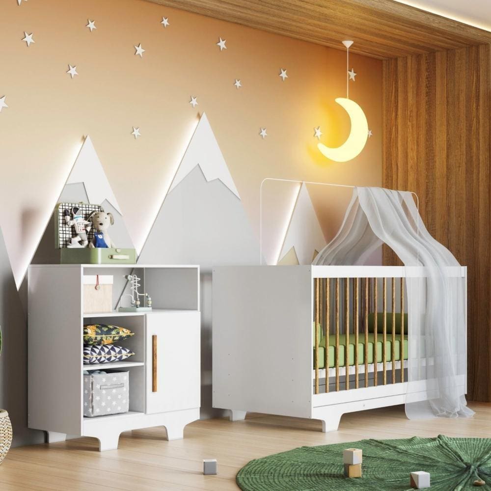 Quarto de Bebê 100% MDF Berço Minicama com Colchão e Cômoda Flocos Branco