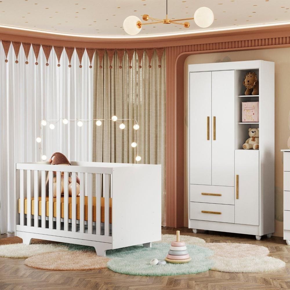 Quarto de Bebê Guarda Roupa 3 Portas e Berço Mini Cama 100% MDF Nina Branco