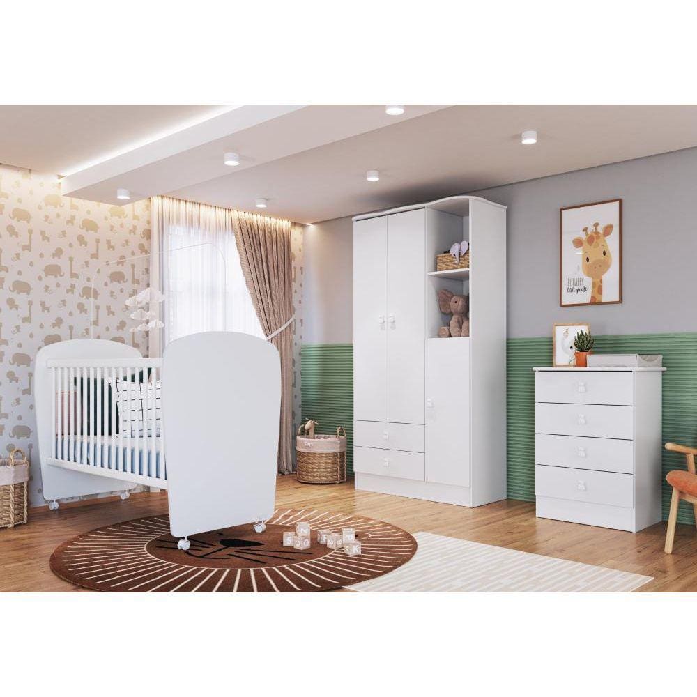 Quarto de Bebê Completo com 1 Berço 1 Cômoda 1 Guarda Roupa Arco-Íris Móveis Percasa Branco