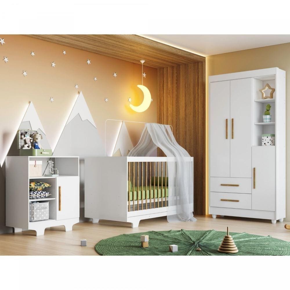 Quarto de Bebê 100% MDF Berço Minicama com Colchão, Cômoda e Guarda Roupa Flocos Branco