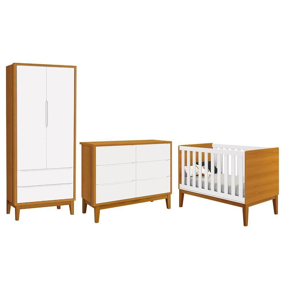 Dormitório Completo Infantil Classic 2 Portas, Cômoda 6 Gavetas e Berço com Pés Amadeirado - Reller Móveis