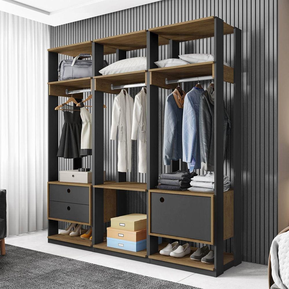 Conjunto Closet Modulado com 3 Cabideiros 1 Porta 2 Gavetas Titan Espresso Móveis Preto Velluto/Freijó