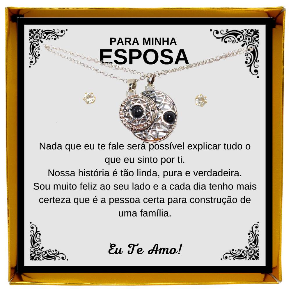 Colar Presente Aniversário Esposa Conjunto Brincos Pingente Anel + Caixinha Veludo Luxo Exclusiva + Dedicatória