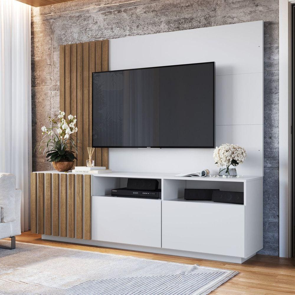 Rack com Painel Para Tv até 65 Polegadas Ripado 180cm Branco/Mel