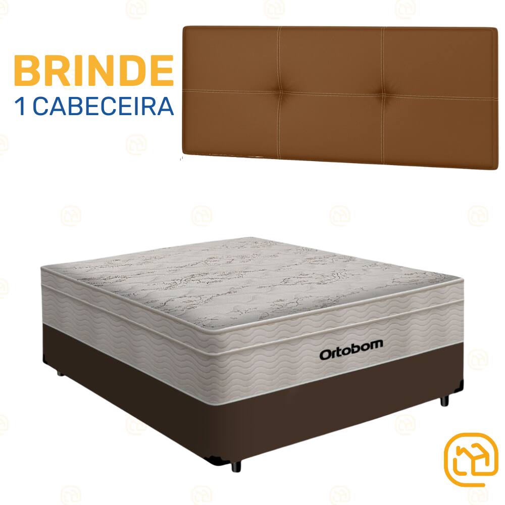 Box Casal Marrom + Cabeceira Painel Iris Marrom + Colchão De Molas AirTech SpringPocket 138cm