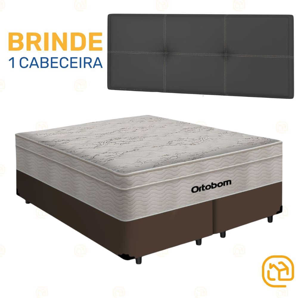 Box Queen Marrom + Cabeceira Painel Iris Preta + Colchão De Molas AirTech SpringPocket 158cm