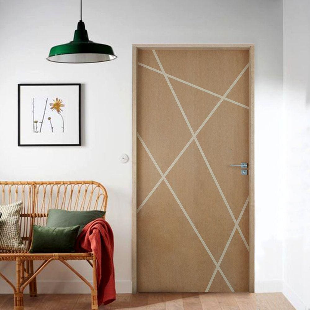 Kit Porta de Madeira Frisada 215x86,5cm Batente 14cm Fechadura Rolete e Puxador Rodam Portas Marrom