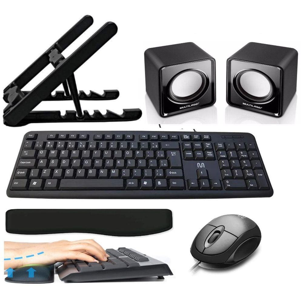 Kit Multi3 - Teclado e Mouse com fio / Suporte Para Notebook / Caixa De Som / Apoio de Teclado(keypad)
