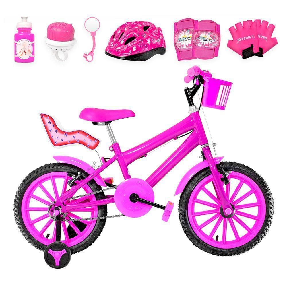 Bicicleta Infantil Feminina Aro 16 Nylon + Kit Premium Pink