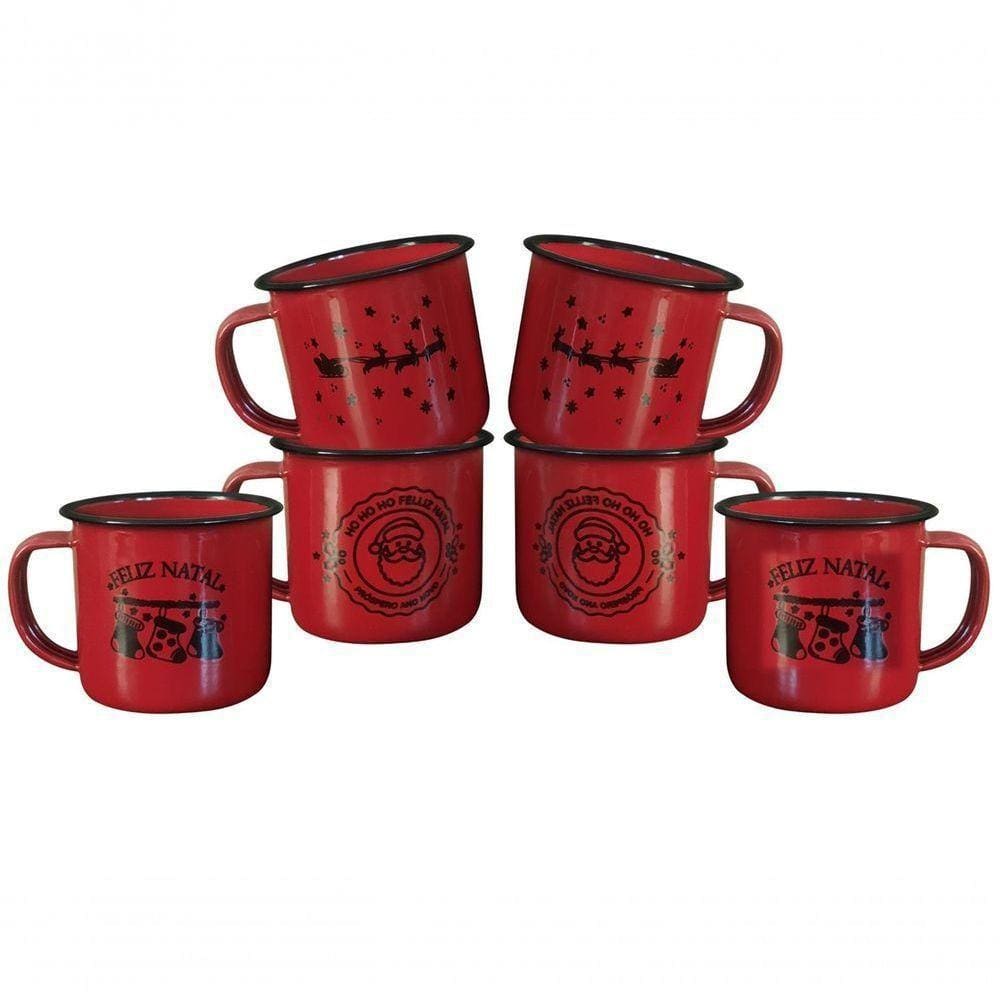 Jogo Caneca Esmaltada ágata Vermelho Decor Natal 150ml 6 Un
