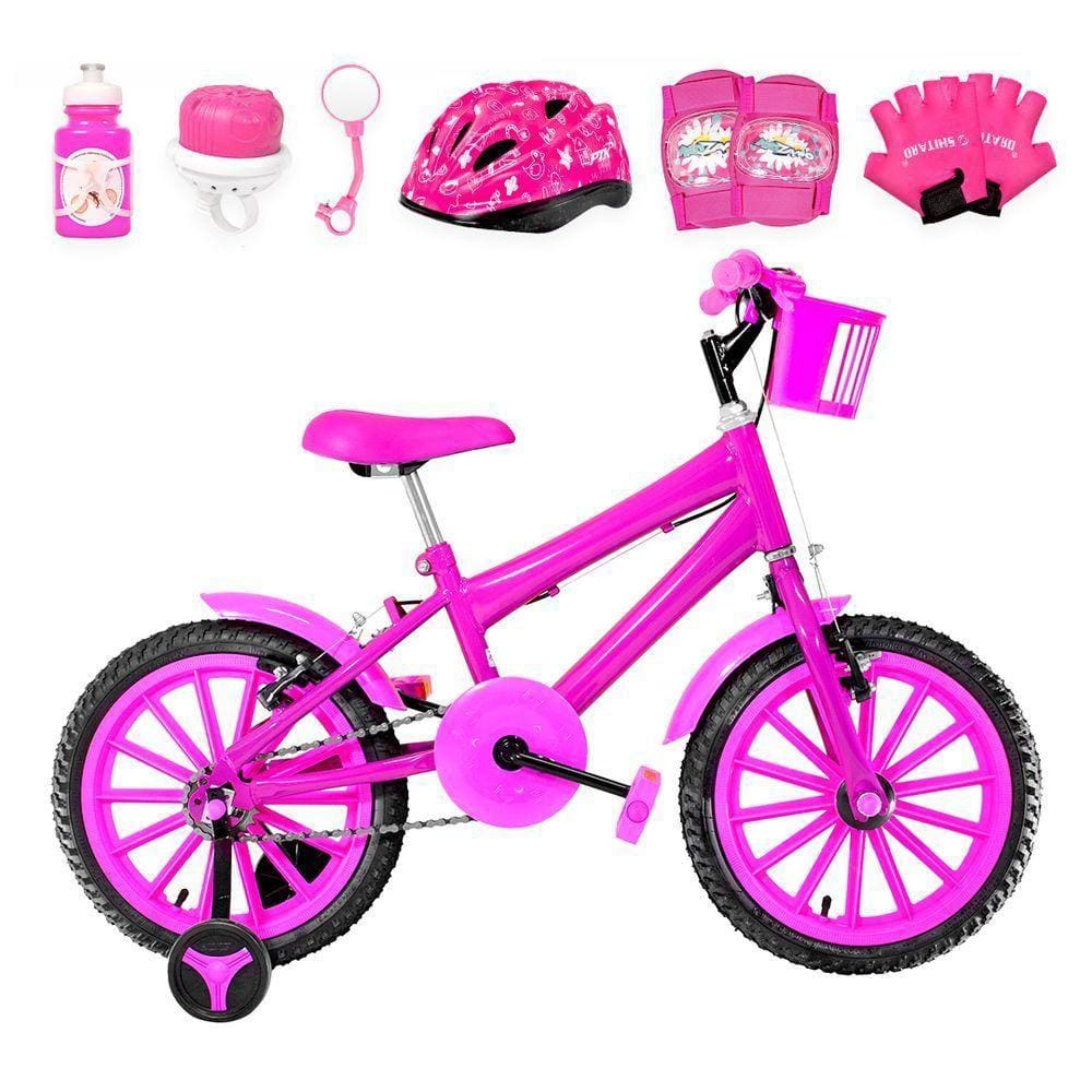 Bicicleta Infantil Feminina Aro 16 Nylon + Kit Proteção Pink