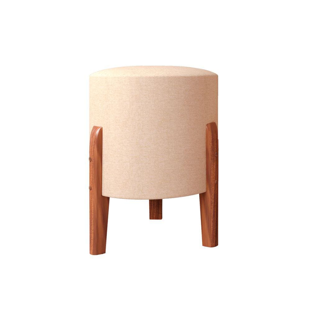 Puff Dallas Linho Bege Com Pés Em Madeira Maciça