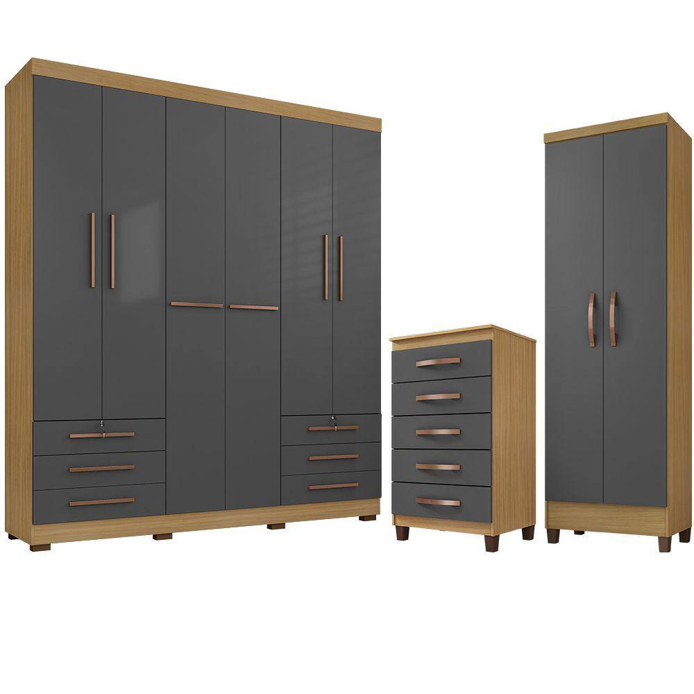 Kit Guarda Roupa Casal 6 Portas Marselha, Cômoda 5 Gavetas Porto Belo e Multiuso Cairo Carvalho Grafite Clique Chique