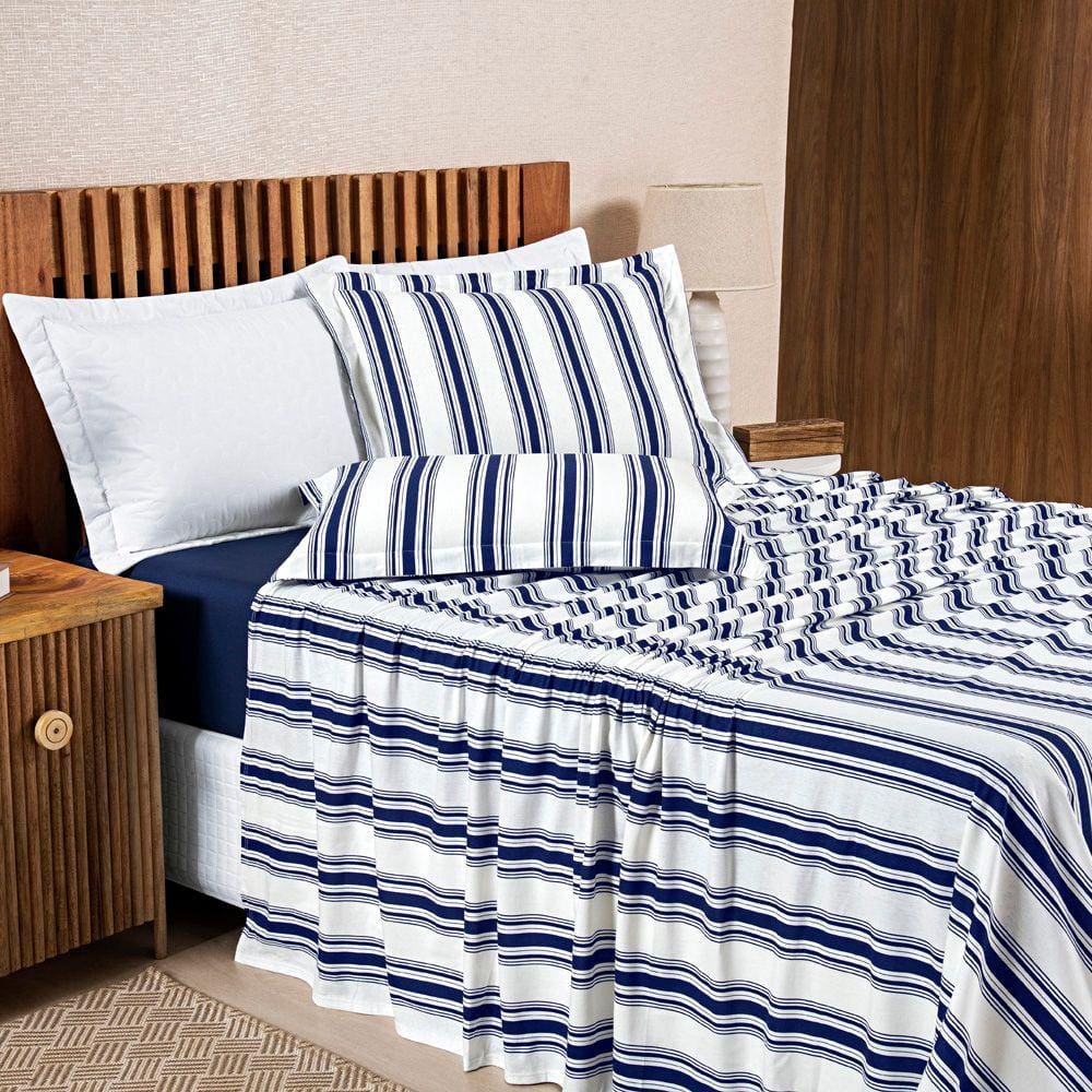 Jogo Lençol Casal 4 Peças 100% Algodão Malha Penteada Marin