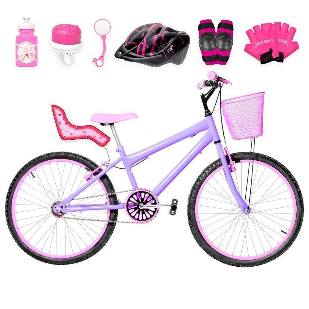 Bicicleta Infantil Aro 24 Alumínio Kit Premium Lilás E Rosa