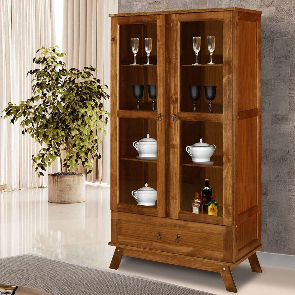 Cristaleira Roma Pinus com HDF Porta de Vidro Retrô Ypê