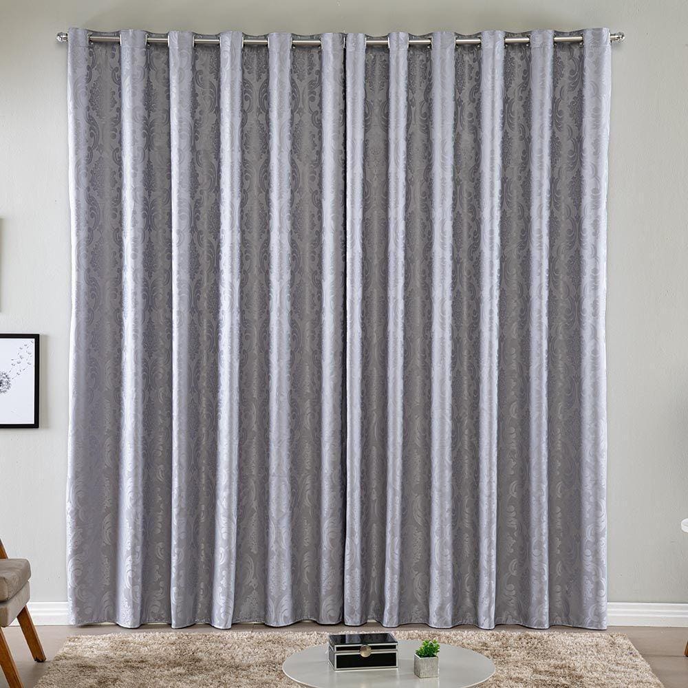 Cortina Turin Jacquard Semiblackout Floral 3,00x2,80m Para Sala Quarto Varão 3m Ilhóses - Cinza