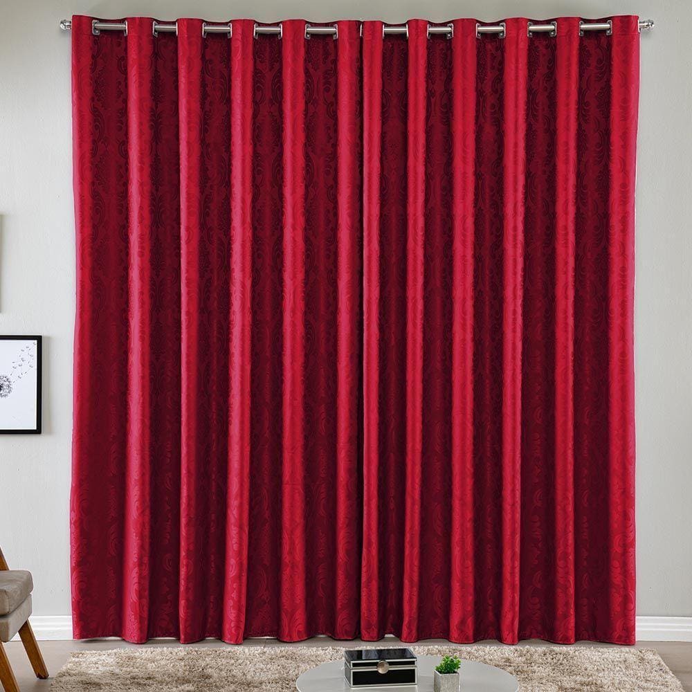 Cortina Turin Jacquard Semiblackout Floral 6,00x2,80m Para Sala Quarto Varão 5m Ilhóses - Vermelho