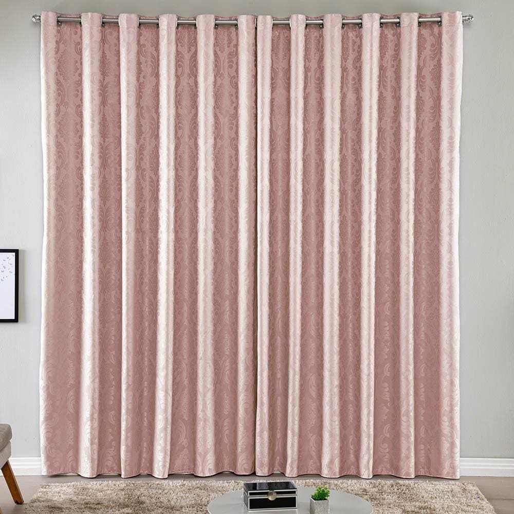Cortina Turin Jacquard Semiblackout Floral 3,00x2,80m Para Sala Quarto Varão 3m Ilhóses - Rosê