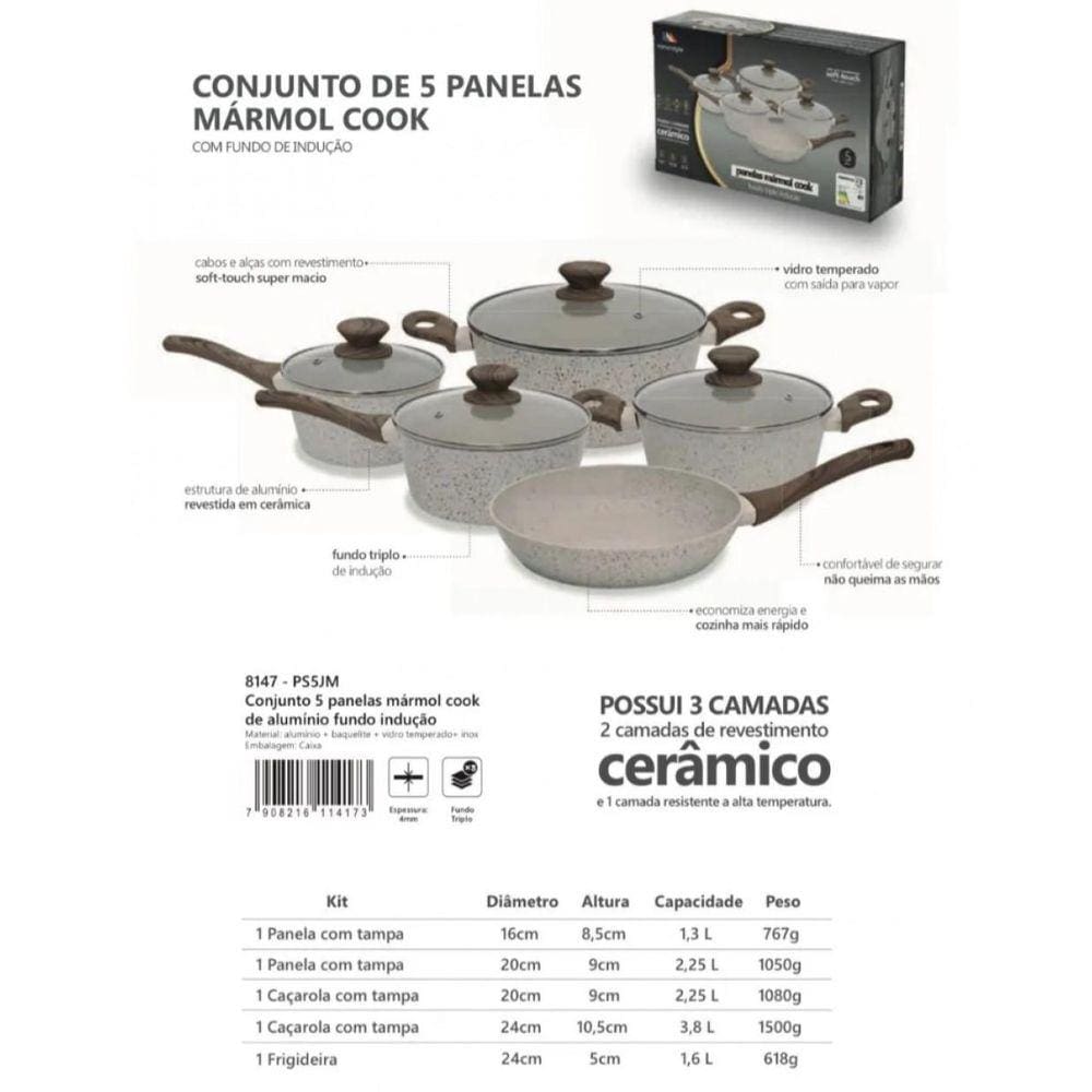 Conjunto De Panelas Fundo Triplo Indução Cerâmica 5 Pçs Mimo