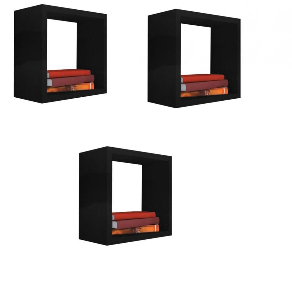 Kit 3 Nicho Decorativo 35X35X20 cm Preto Em Mdf