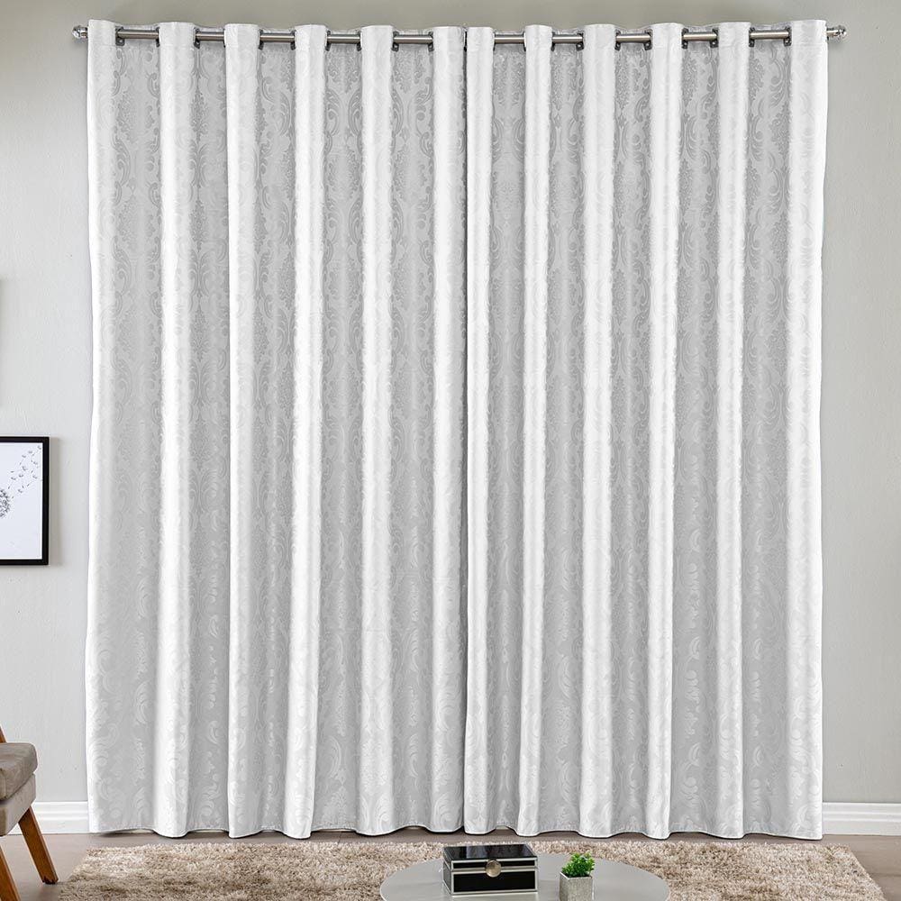 Cortina Turin Jacquard Semiblackout Floral 6,00x2,80m Para Sala Quarto Varão 5m Ilhóses - Branco