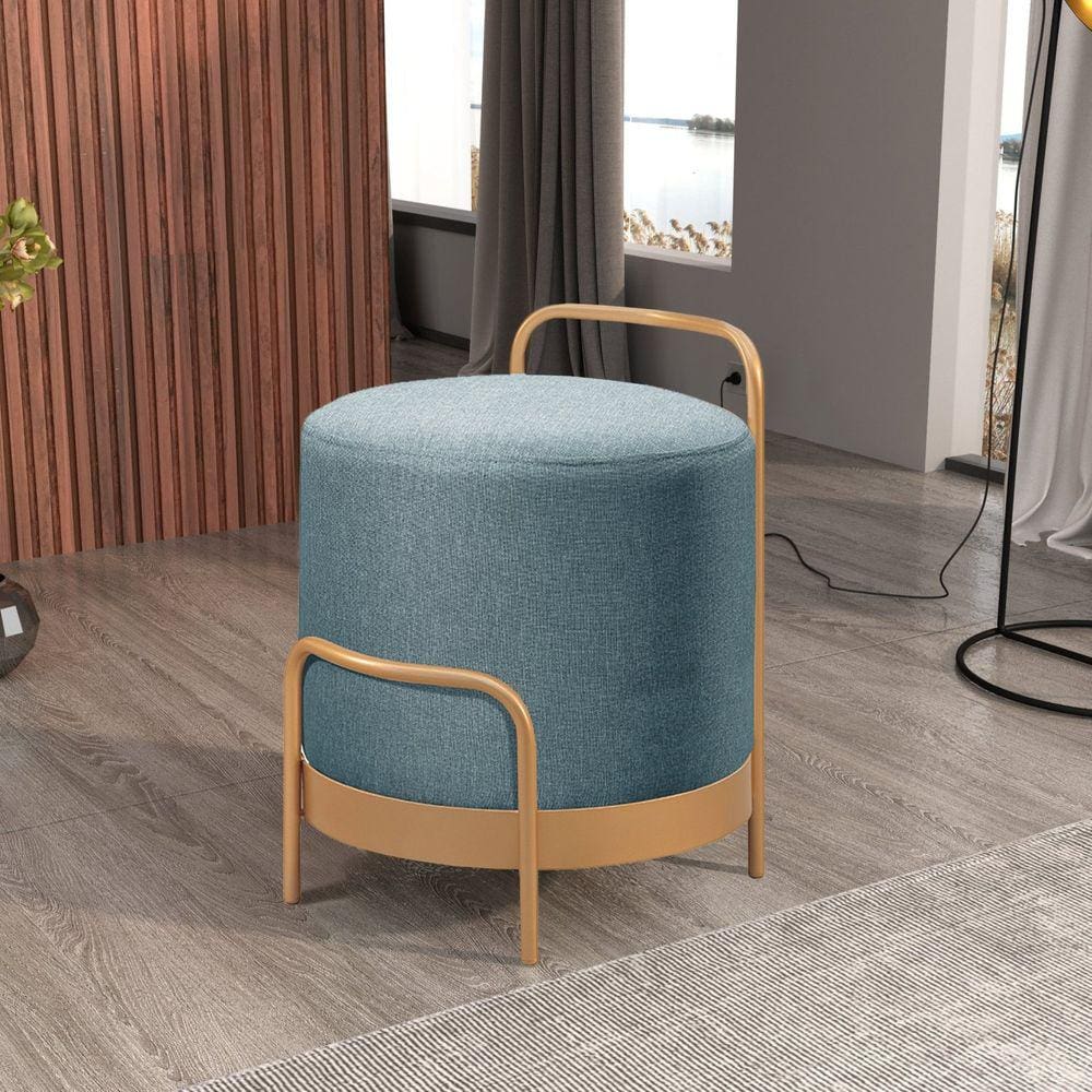 Puff Redondo em Linho 50cm com Base Bacci Azul/Dourado