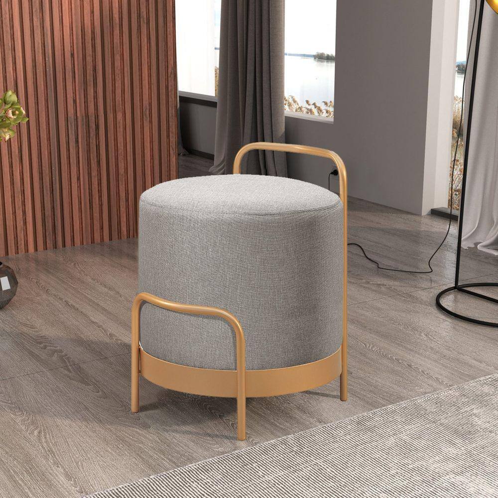 Puff Redondo em Linho 50cm com Base Bacci Cinza/Dourado