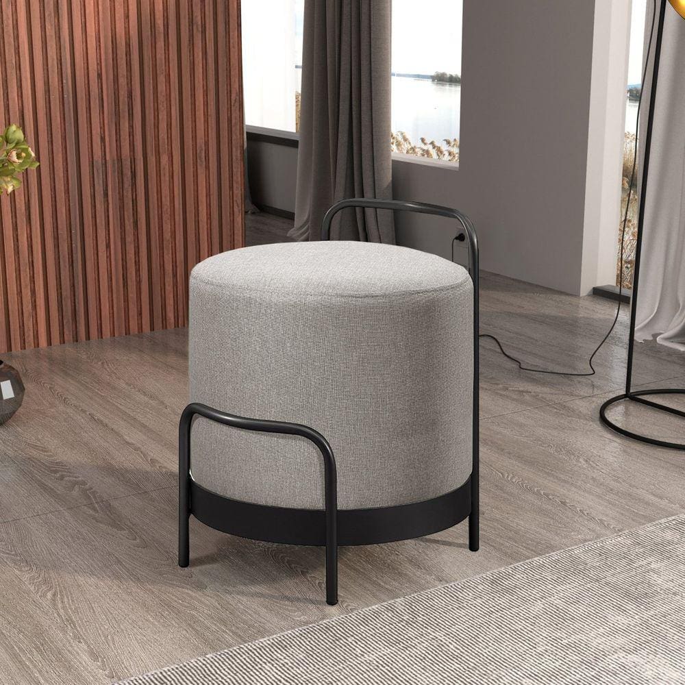 Puff Redondo em Linho 50cm com Base Bacci Cinza